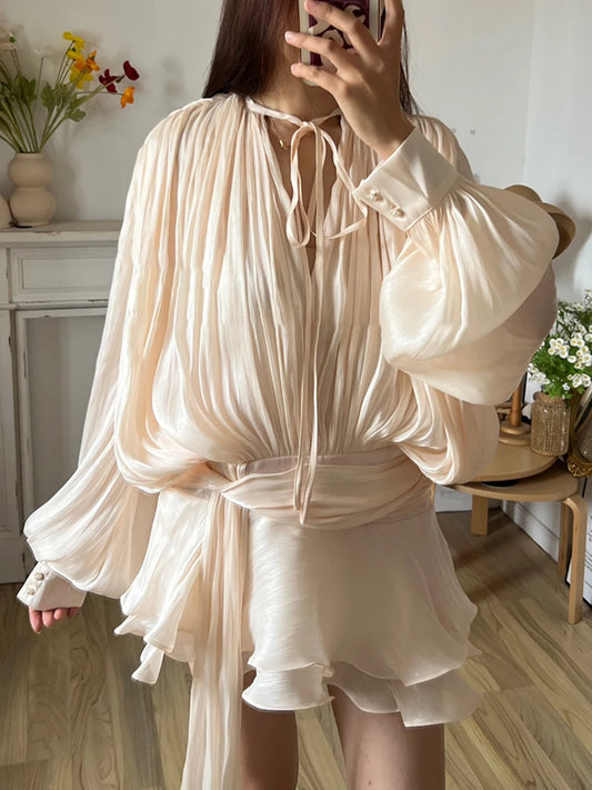 Mini Blouse Dress - Women's V Neck Long Sleeve Lace Up Sweet Style Above Knee - ZOOMNSTORE
