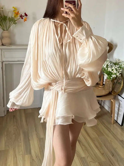 Mini Blouse Dress - Women's V Neck Long Sleeve Lace Up Sweet Style Above Knee - ZOOMNSTORE