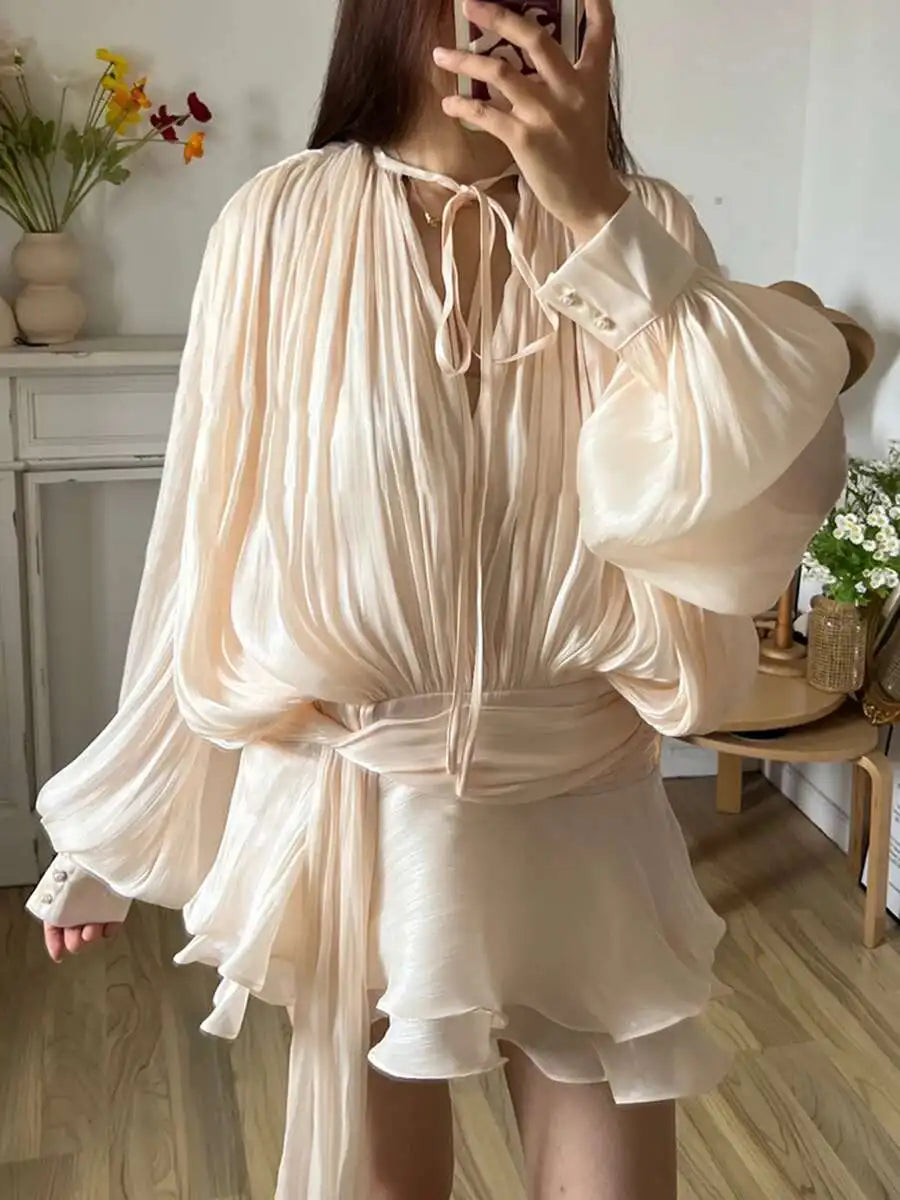 Mini Blouse Dress - Women's V Neck Long Sleeve Lace Up Sweet Style Above Knee - ZOOMNSTORE