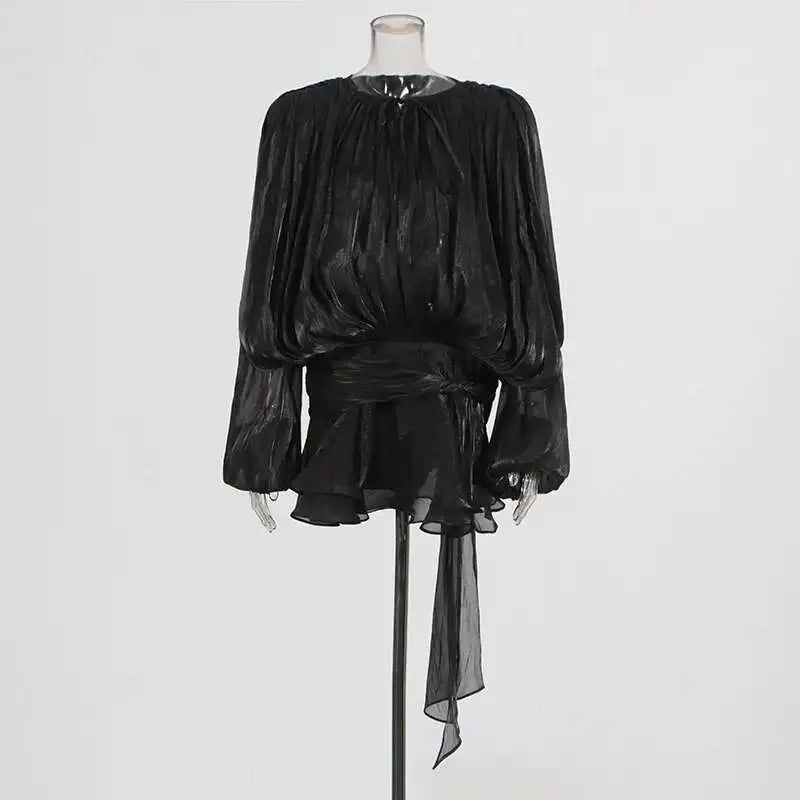 Mini Blouse Dress - Women's V Neck Long Sleeve Lace Up Sweet Style Above Knee - ZOOMNSTORE