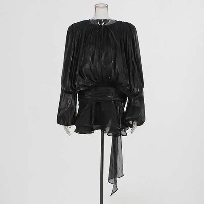 Mini Blouse Dress - Women's V Neck Long Sleeve Lace Up Sweet Style Above Knee - ZOOMNSTORE
