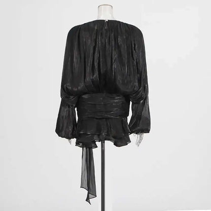 Mini Blouse Dress - Women's V Neck Long Sleeve Lace Up Sweet Style Above Knee - ZOOMNSTORE