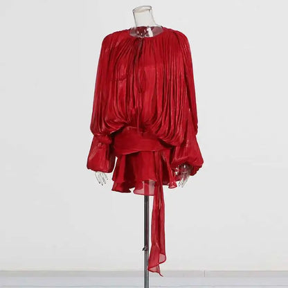 Mini Blouse Dress - Women's V Neck Long Sleeve Lace Up Sweet Style Above Knee - ZOOMNSTORE