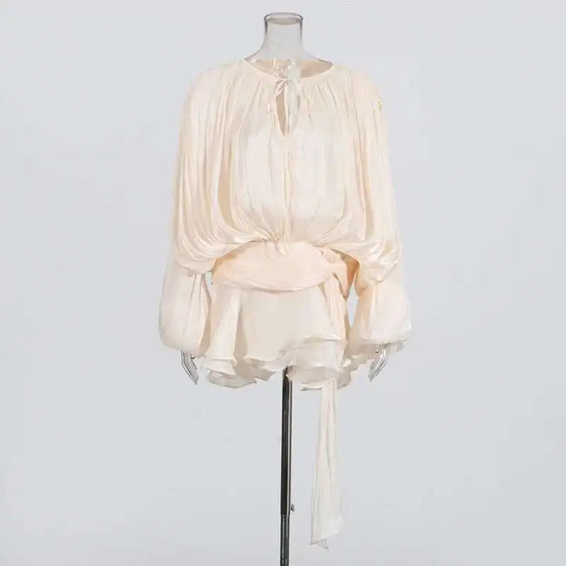Mini Blouse Dress - Women's V Neck Long Sleeve Lace Up Sweet Style Above Knee - ZOOMNSTORE