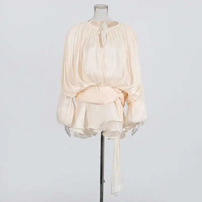 Mini Blouse Dress - Women's V Neck Long Sleeve Lace Up Sweet Style Above Knee - ZOOMNSTORE