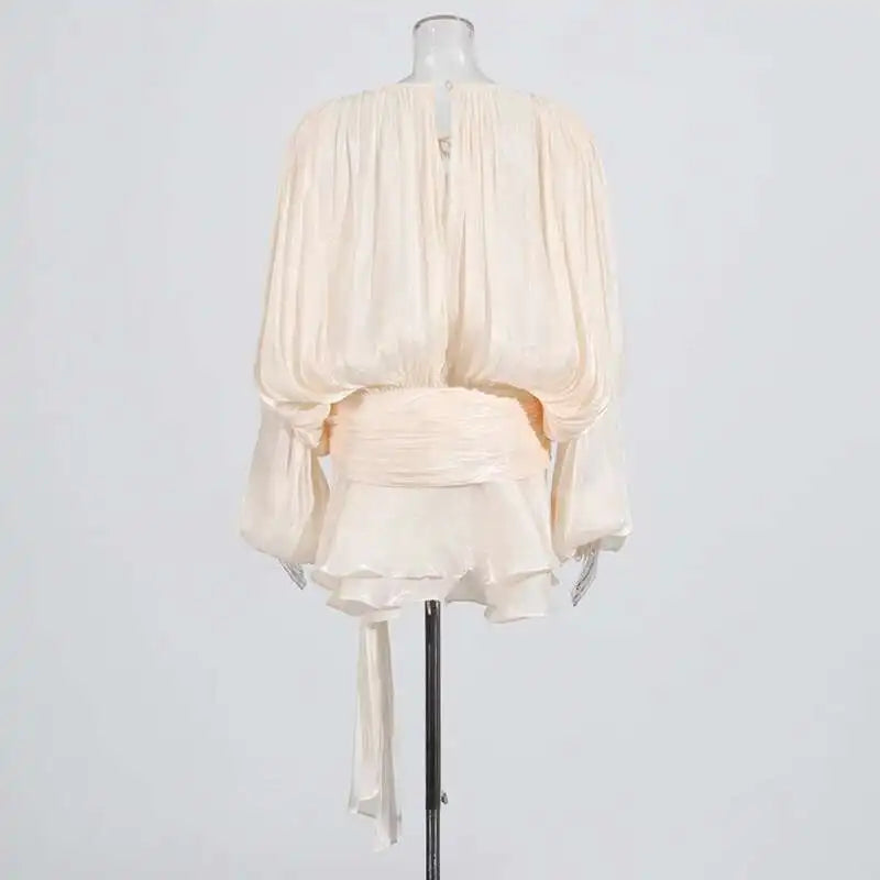 Mini Blouse Dress - Women's V Neck Long Sleeve Lace Up Sweet Style Above Knee - ZOOMNSTORE