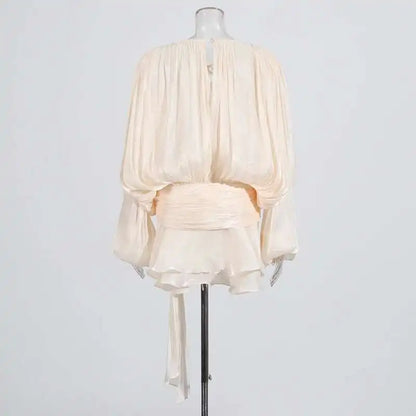 Mini Blouse Dress - Women's V Neck Long Sleeve Lace Up Sweet Style Above Knee - ZOOMNSTORE