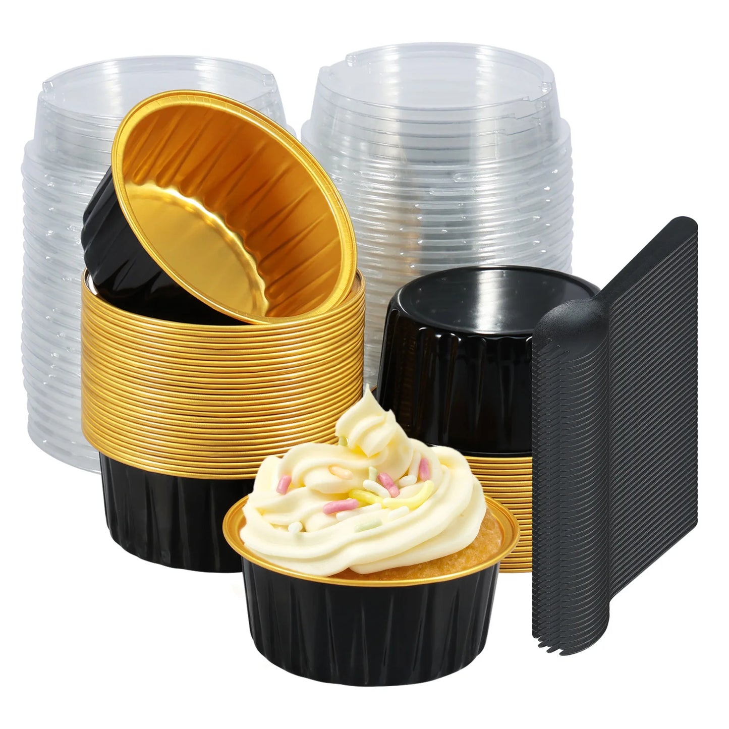 Mini Cake Pans - 50 Pcs Aluminum Baking Pans with Lids & Spoons | Eco Friendly Bakeware - ZOOMNSTORE