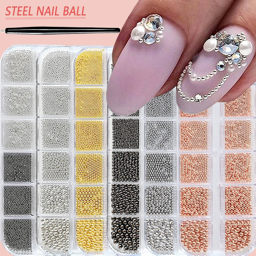 Mini Caviar Beads Nail Art Set - GoldSilver Micro Ball Charms with Magnetic Pen - ZOOMNSTORE