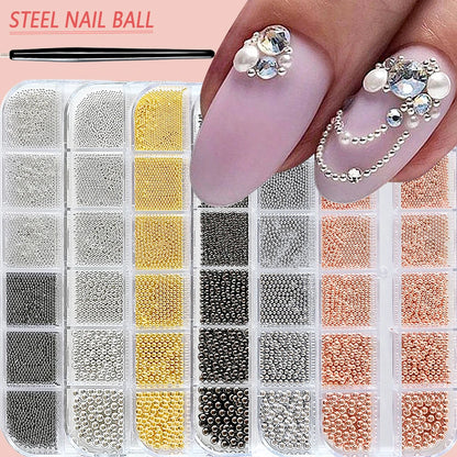 Mini Caviar Beads Nail Art Set - GoldSilver Micro Ball Charms with Magnetic Pen - ZOOMNSTORE
