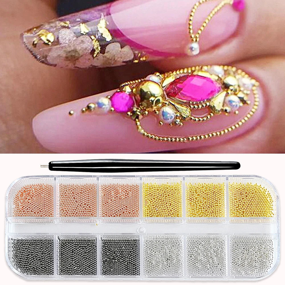 Mini Caviar Beads Nail Art Set - GoldSilver Micro Ball Charms with Magnetic Pen - ZOOMNSTORE
