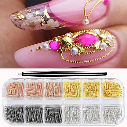 Mini Caviar Beads Nail Art Set - GoldSilver Micro Ball Charms with Magnetic Pen - ZOOMNSTORE