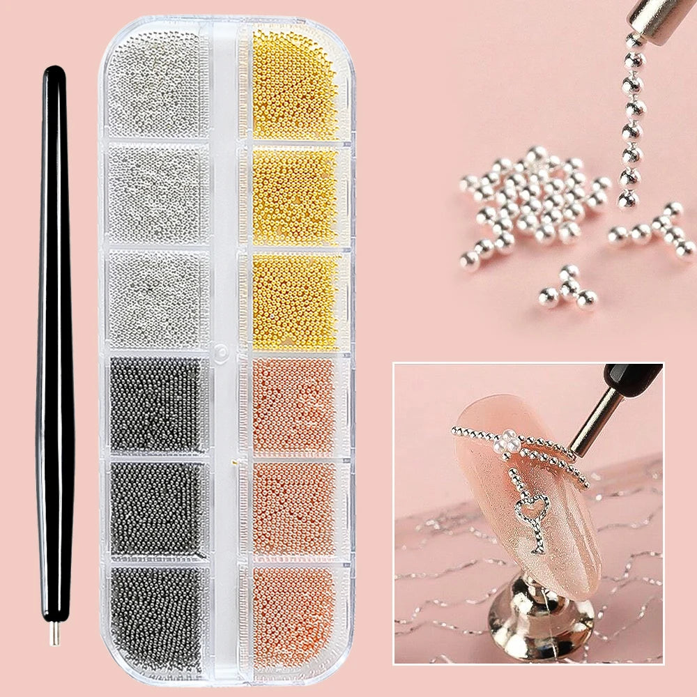 Mini Caviar Beads Nail Art Set - GoldSilver Micro Ball Charms with Magnetic Pen - ZOOMNSTORE