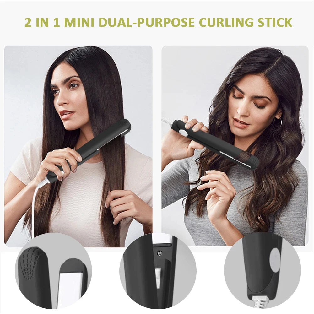 Mini Flat Iron - Dual Purpose Hair Straightener & Ceramic Curling Wand with Heat Protection - ZOOMNSTORE