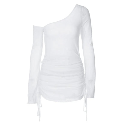 Mini Lace-Up Dress - Solid Ruched Skew Collar Summer Party Clubwear - ZOOMNSTORE