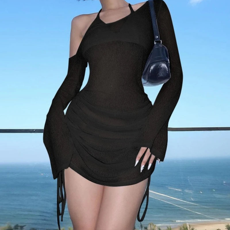 Mini Lace-Up Dress - Solid Ruched Skew Collar Summer Party Clubwear - ZOOMNSTORE