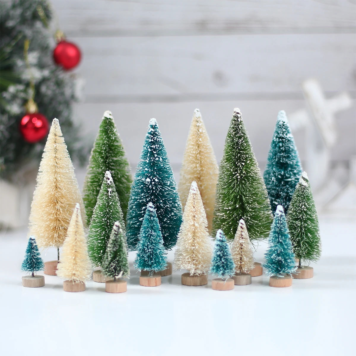 Mini Wooden Christmas Tree - Small Tabletop Tree with Blue Green White & Gold Pine - ZOOMNSTORE