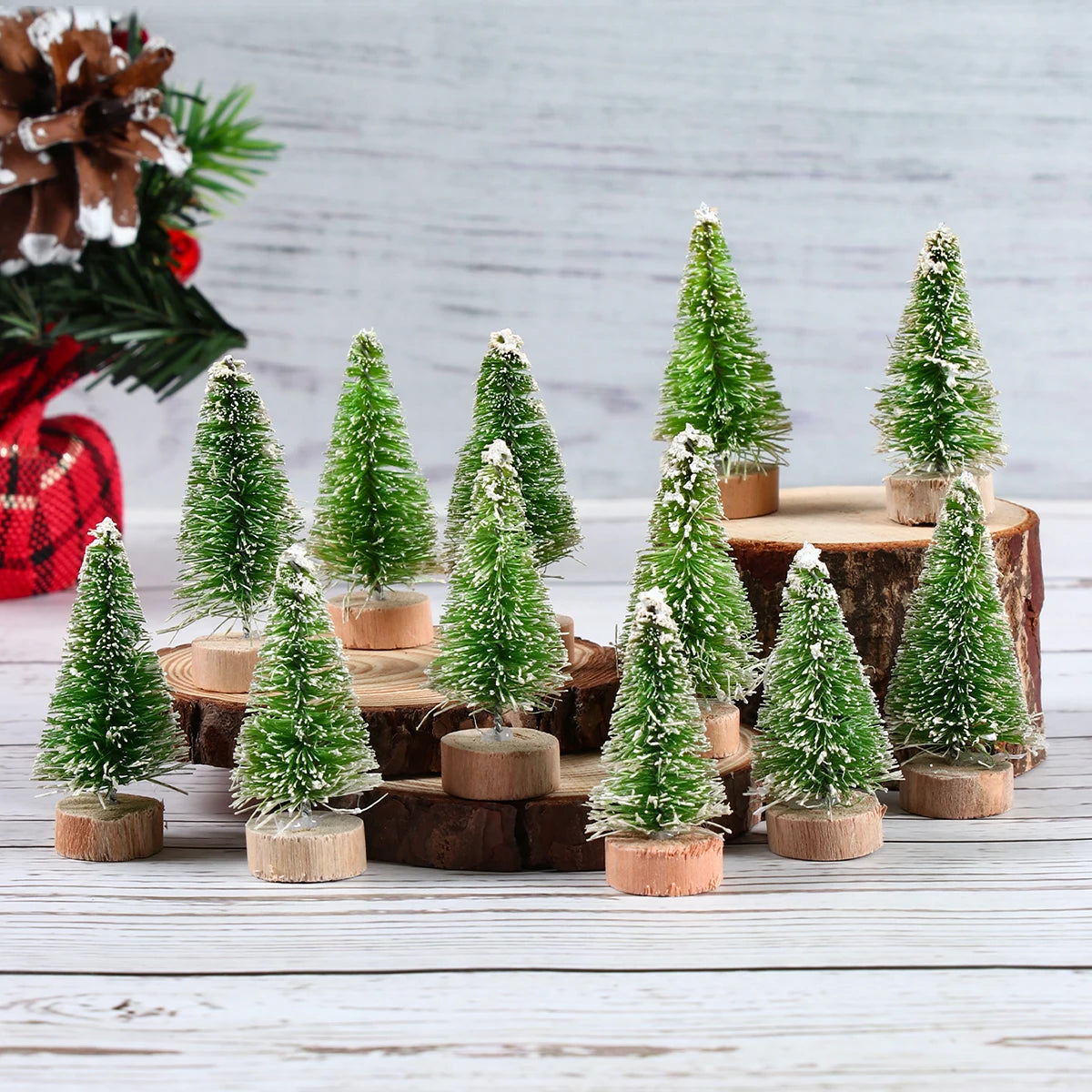 Mini Wooden Christmas Tree - Small Tabletop Tree with Blue Green White & Gold Pine - ZOOMNSTORE