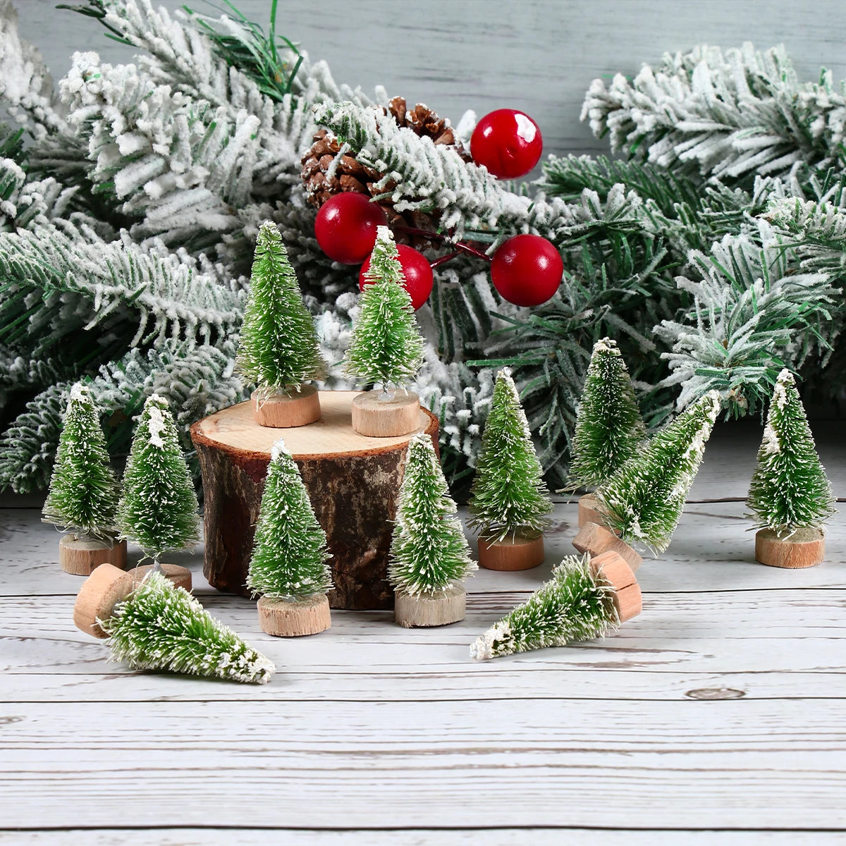 Mini Wooden Christmas Tree - Small Tabletop Tree with Blue Green White & Gold Pine - ZOOMNSTORE