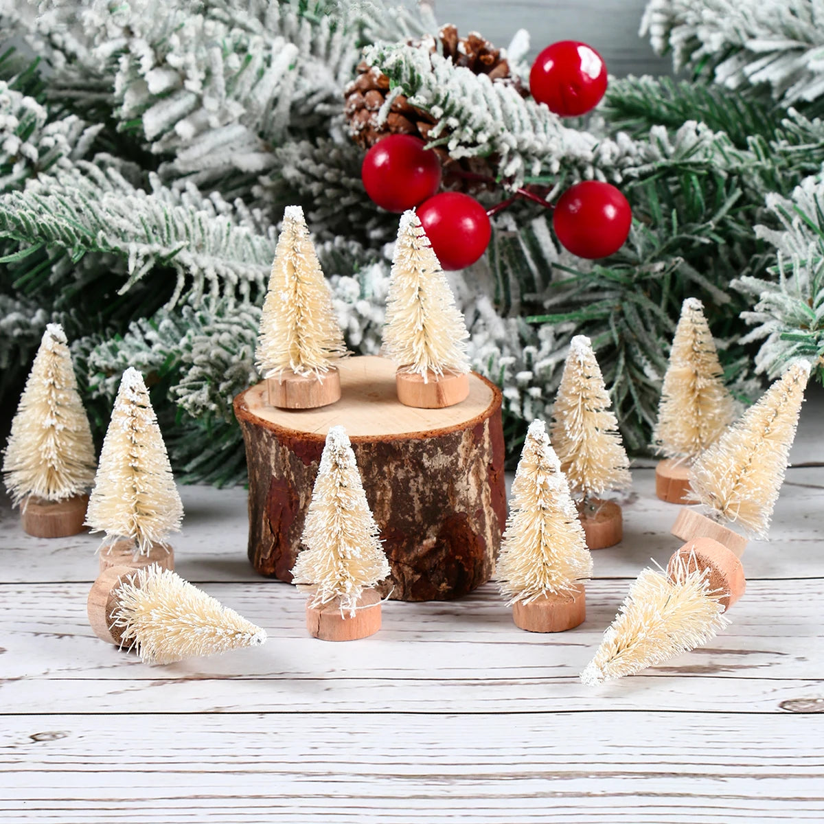 Mini Wooden Christmas Tree - Small Tabletop Tree with Blue Green White & Gold Pine - ZOOMNSTORE