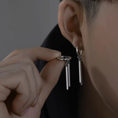 Trendy Men Earrings Minimalist Long Strip Double Stick 925 Sterling Silver Ear Buckle Male Cool Personality Dropping Earrings - ZOOMNSTORE