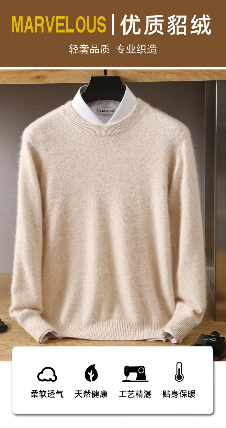 Men's 100% Pure Mink Cashmere Sweater O-Neck Pullovers Knit Sweater Autumn and Winter New Long Sleeve High-End Jumpers Mink Tops - ZOOMNSTORE