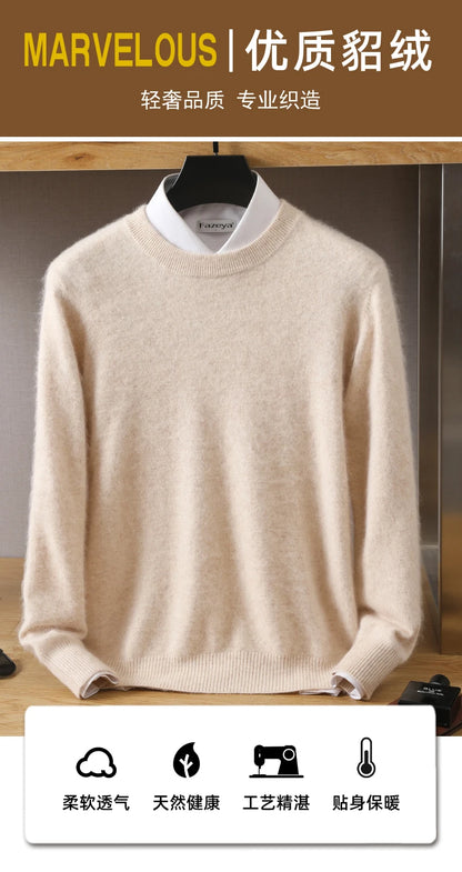 Men's 100% Pure Mink Cashmere Sweater O-Neck Pullovers Knit Sweater Autumn and Winter New Long Sleeve High-End Jumpers Mink Tops - ZOOMNSTORE