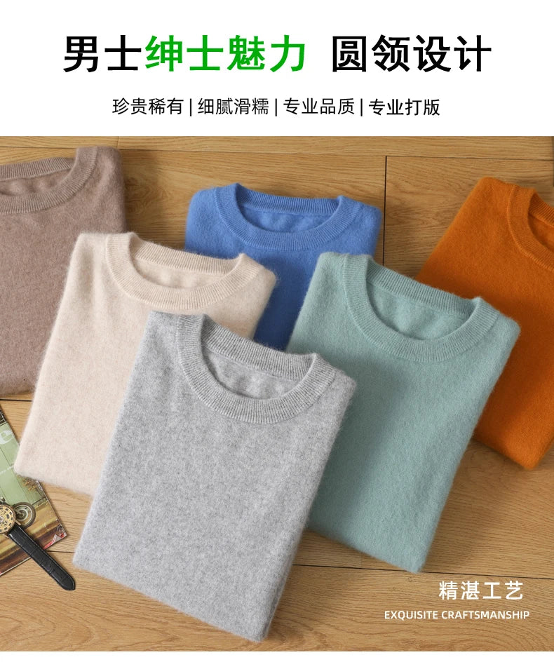 Men's 100% Pure Mink Cashmere Sweater O-Neck Pullovers Knit Sweater Autumn and Winter New Long Sleeve High-End Jumpers Mink Tops - ZOOMNSTORE