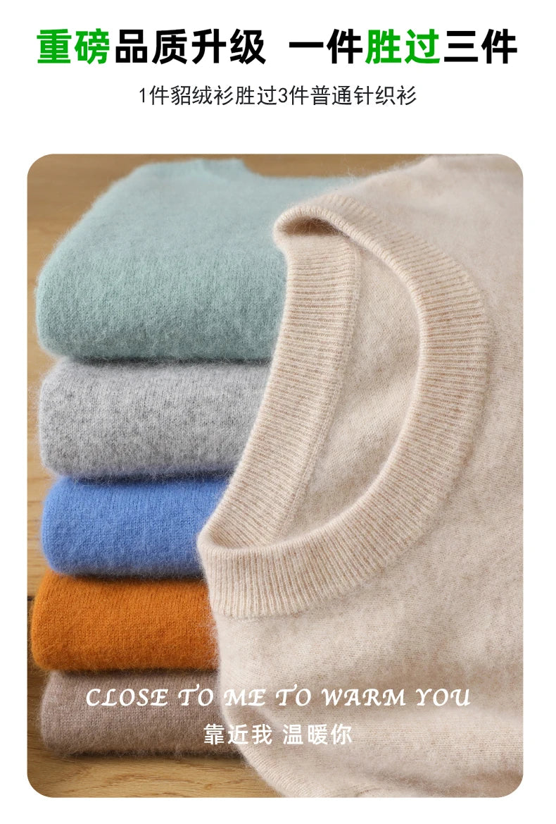 Men's 100% Pure Mink Cashmere Sweater O-Neck Pullovers Knit Sweater Autumn and Winter New Long Sleeve High-End Jumpers Mink Tops - ZOOMNSTORE