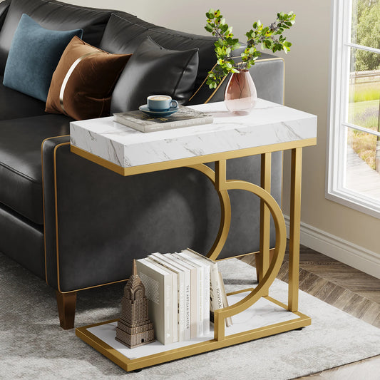 Modern C-Shaped Side Table - White and Gold End Table for Couch or Bedside - ZOOMNSTORE