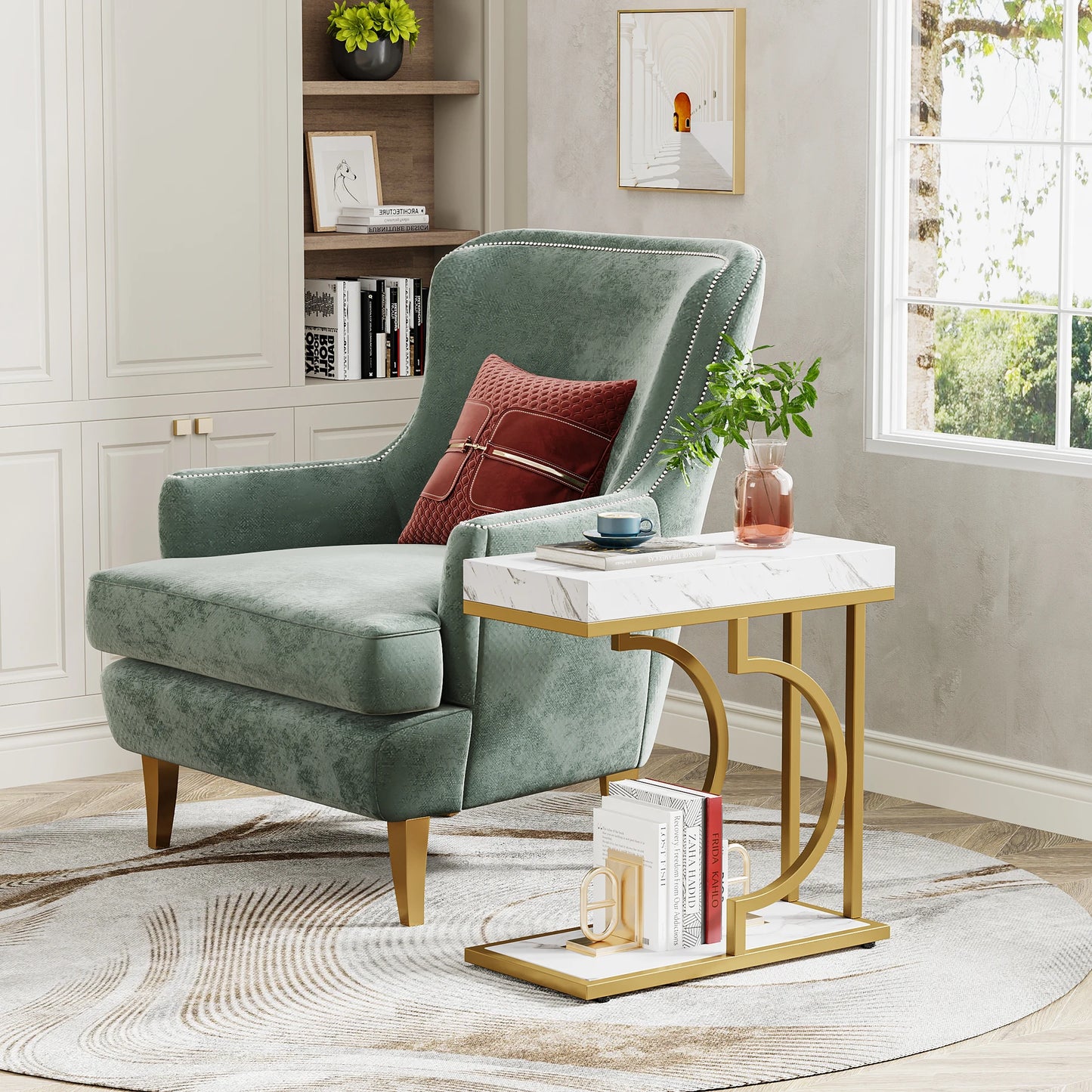 Modern C-Shaped Side Table - White and Gold End Table for Couch or Bedside - ZOOMNSTORE