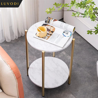 Modern Round End Table - Two Tier Shelf Coffee Side Table with Sintered Stone Top - ZOOMNSTORE
