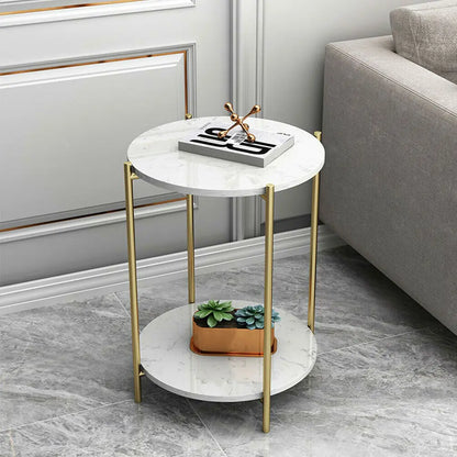 Modern Round End Table - Two Tier Shelf Coffee Side Table with Sintered Stone Top - ZOOMNSTORE