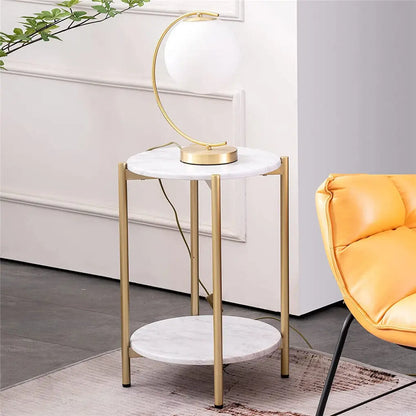 Modern Round End Table - Two Tier Shelf Coffee Side Table with Sintered Stone Top - ZOOMNSTORE