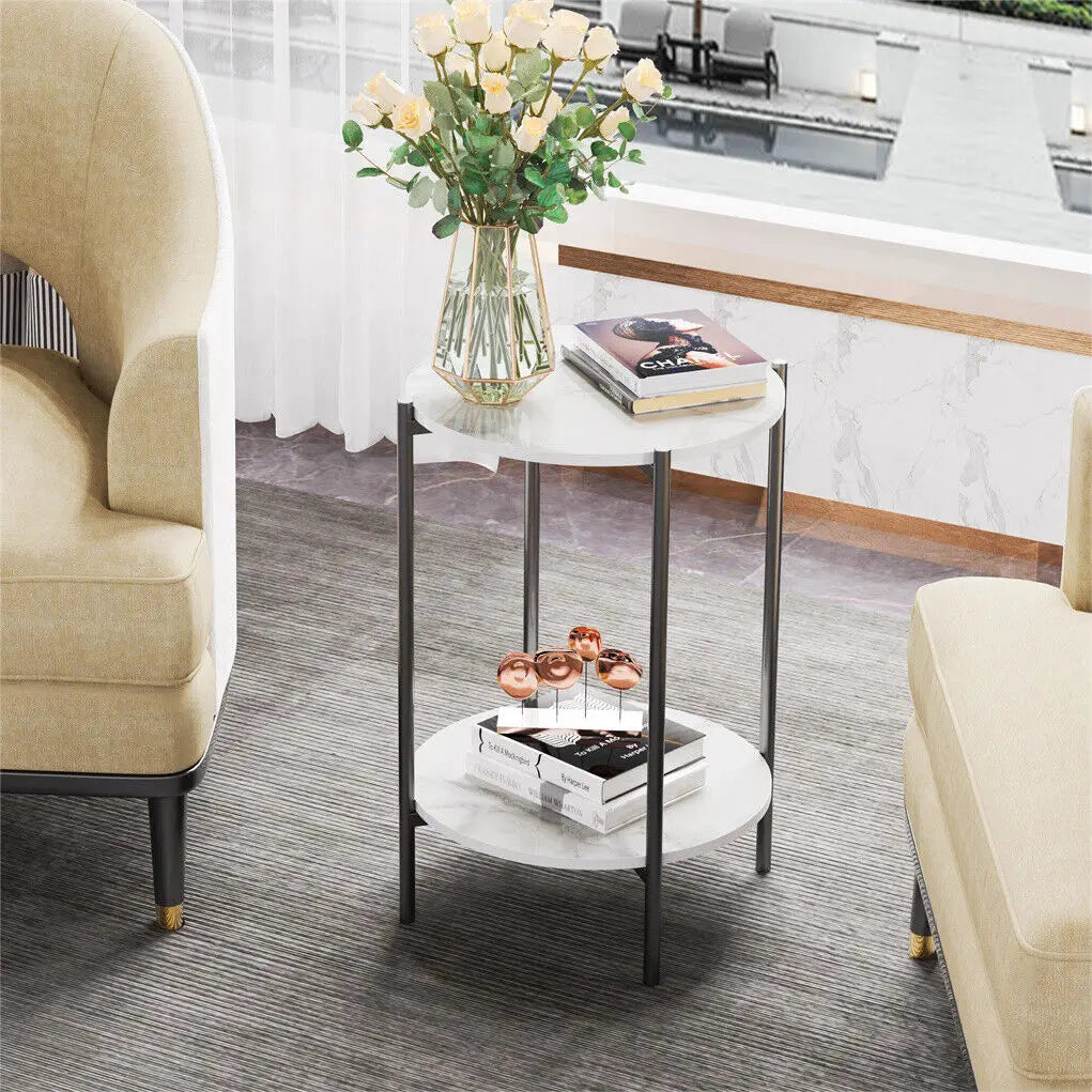 Modern Round End Table - Two Tier Shelf Coffee Side Table with Sintered Stone Top - ZOOMNSTORE