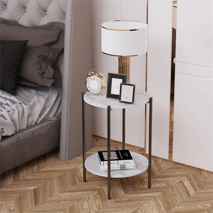 Modern Round End Table - Two Tier Shelf Coffee Side Table with Sintered Stone Top - ZOOMNSTORE