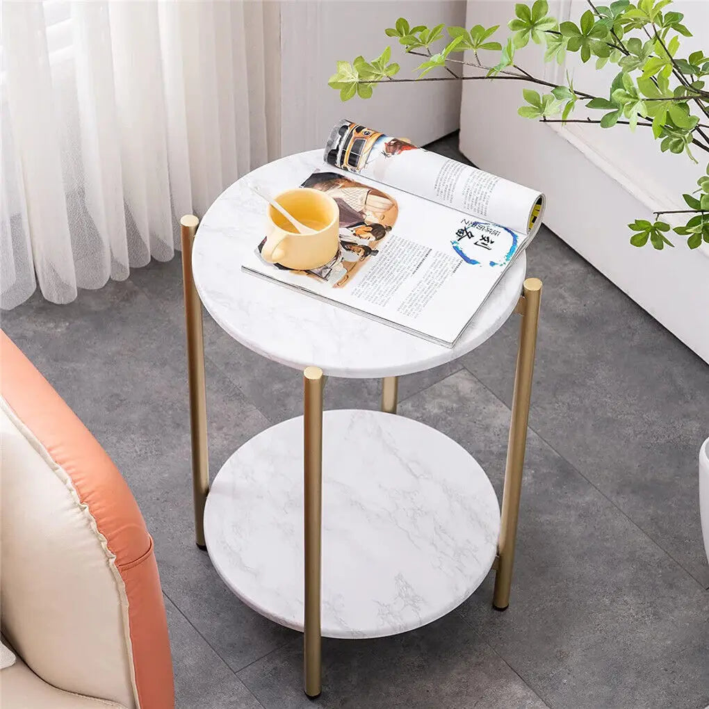 Modern Round End Table - Two Tier Shelf Coffee Side Table with Sintered Stone Top - ZOOMNSTORE