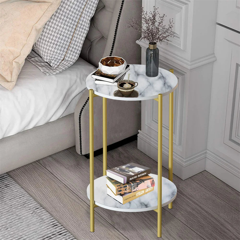 Modern Round End Table - Two Tier Shelf Coffee Side Table with Sintered Stone Top - ZOOMNSTORE