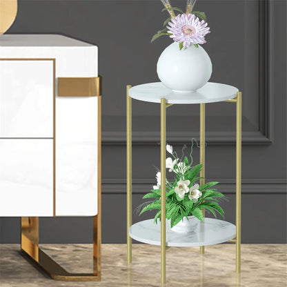 Modern Round End Table - Two Tier Shelf Coffee Side Table with Sintered Stone Top - ZOOMNSTORE