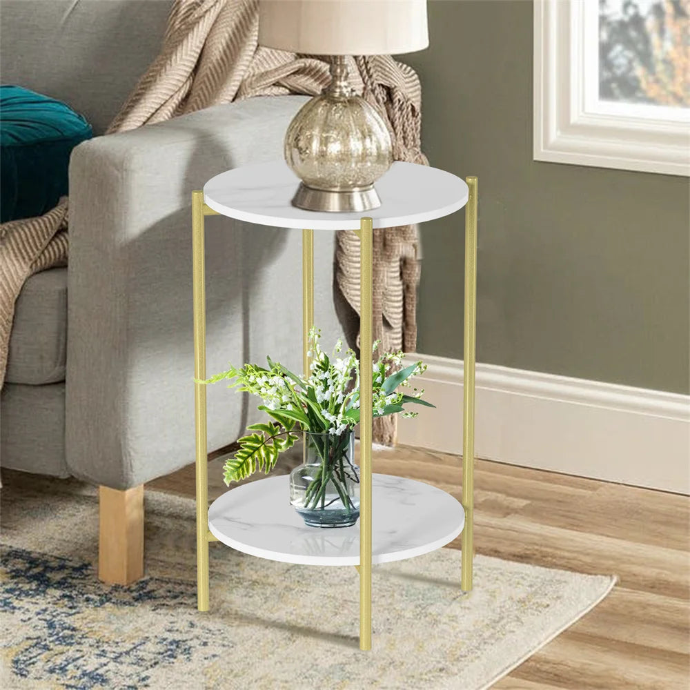 Modern Round End Table - Two Tier Shelf Coffee Side Table with Sintered Stone Top - ZOOMNSTORE