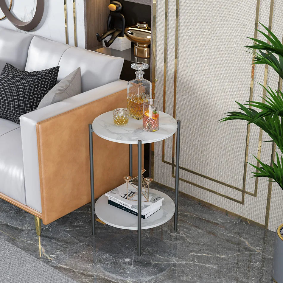 Modern Round End Table - Two Tier Shelf Coffee Side Table with Sintered Stone Top - ZOOMNSTORE