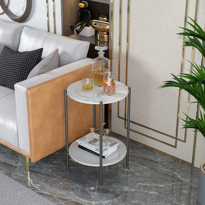 Modern Round End Table - Two Tier Shelf Coffee Side Table with Sintered Stone Top - ZOOMNSTORE