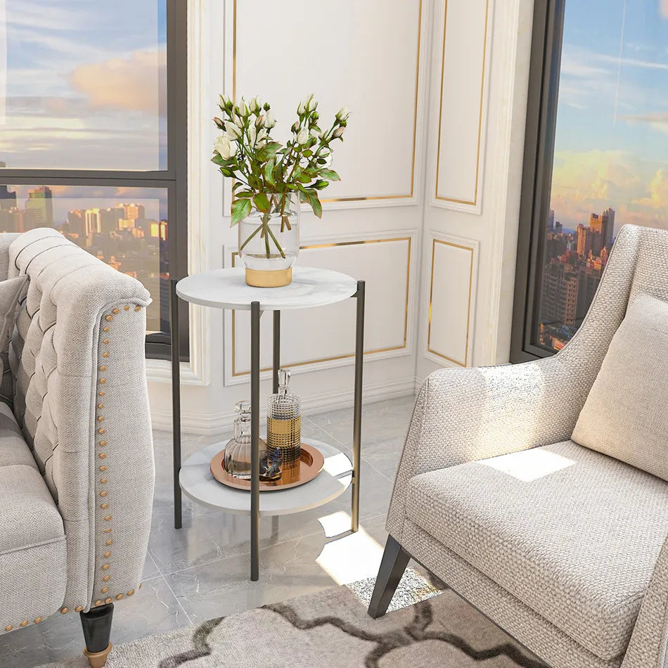 Modern Round End Table - Two Tier Shelf Coffee Side Table with Sintered Stone Top - ZOOMNSTORE