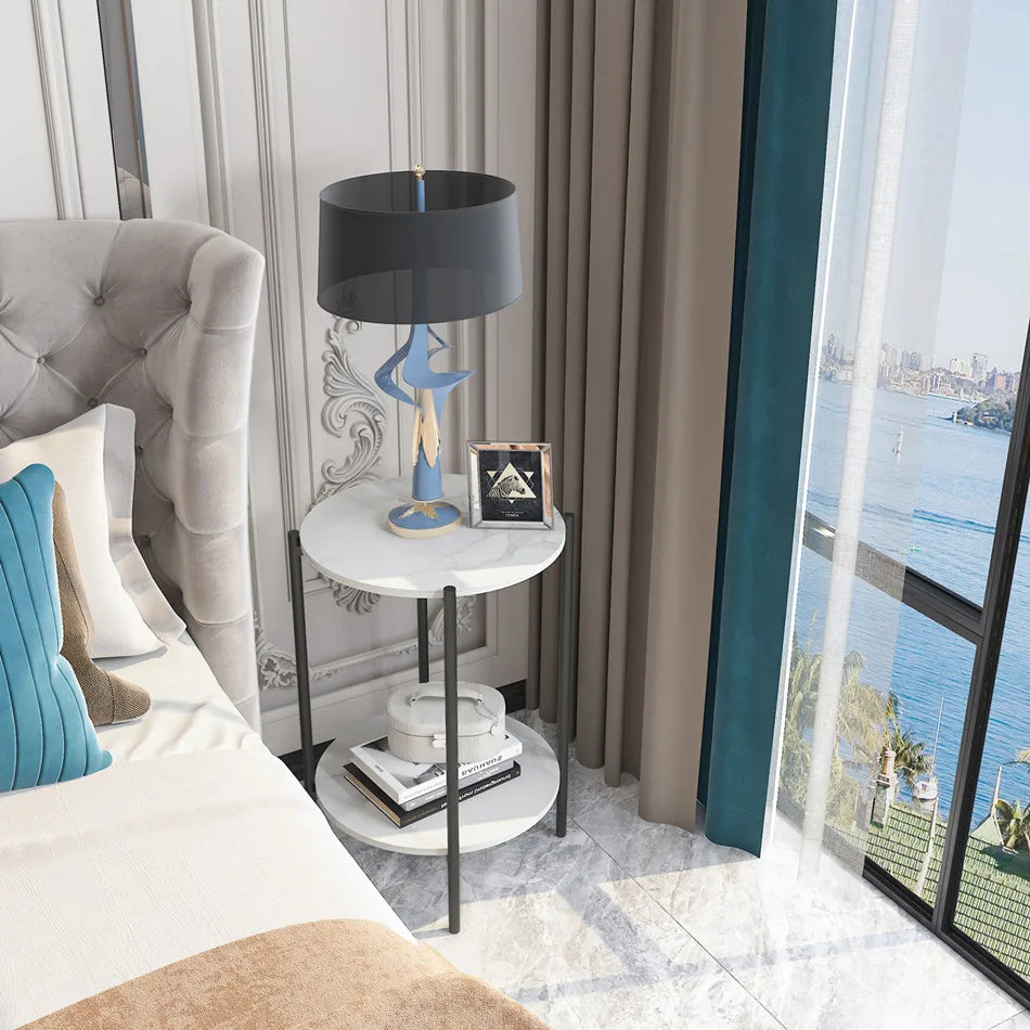 Modern Round End Table - Two Tier Shelf Coffee Side Table with Sintered Stone Top - ZOOMNSTORE