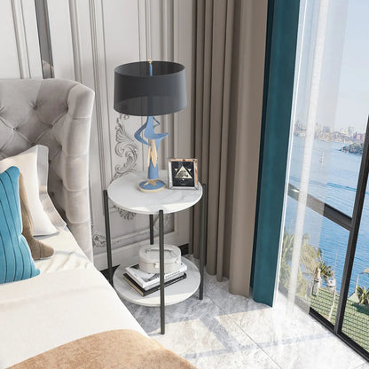 Modern Round End Table - Two Tier Shelf Coffee Side Table with Sintered Stone Top - ZOOMNSTORE