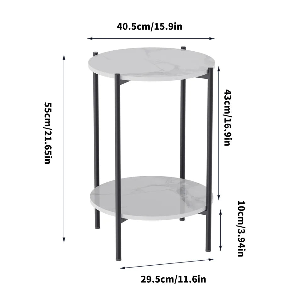 Modern Round End Table - Two Tier Shelf Coffee Side Table with Sintered Stone Top - ZOOMNSTORE