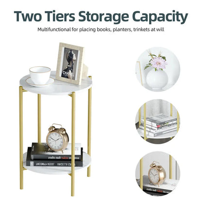 Modern Round End Table - Two Tier Shelf Coffee Side Table with Sintered Stone Top - ZOOMNSTORE
