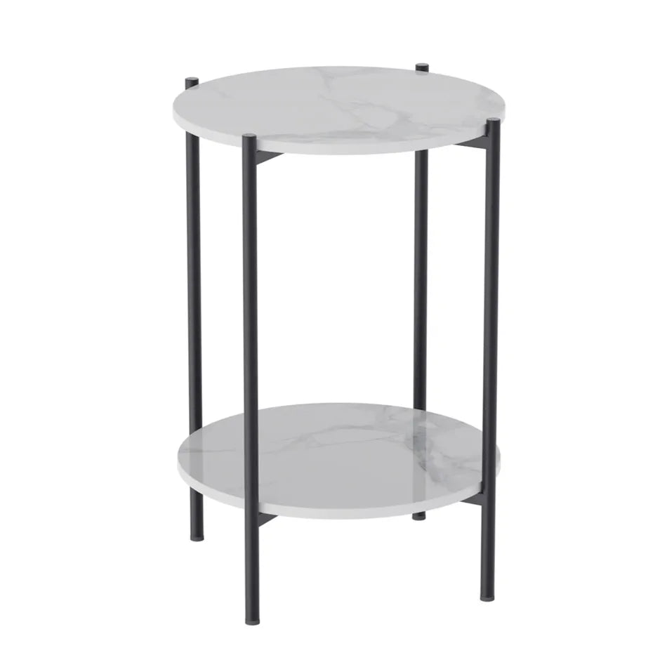 Modern Round End Table - Two Tier Shelf Coffee Side Table with Sintered Stone Top - ZOOMNSTORE