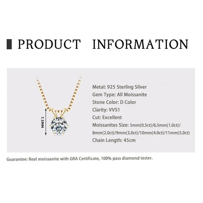 Moissanite Pendant Necklace - Certified 0.5-5ct Round Stone | 925 Sterling Silver Box Chain For Women - ZOOMNSTORE