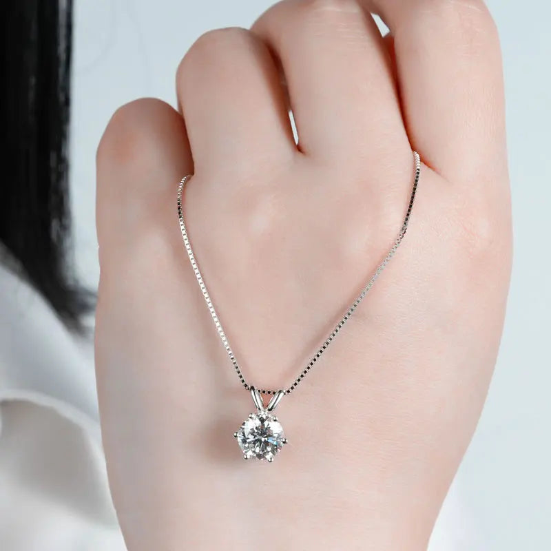 Moissanite Pendant Necklace - Certified 0.5-5ct Round Stone | 925 Sterling Silver Box Chain For Women - ZOOMNSTORE